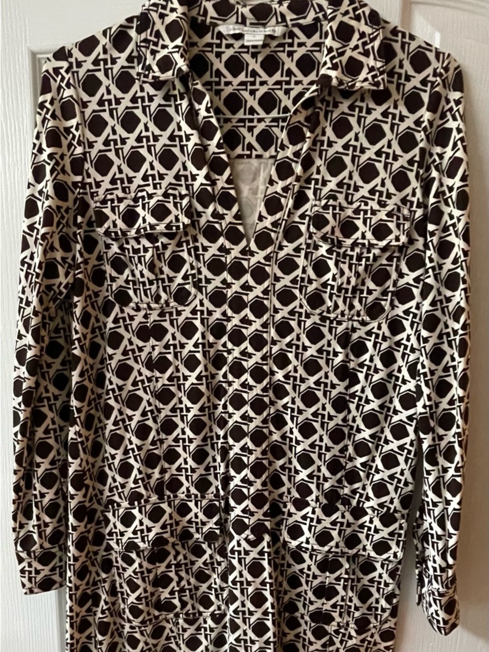 DVF Brown geometric print silk “Dilly” dress Sz 8